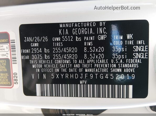 5XYRHDJF9TG452019 2026 KIA SORENTO White Շարժիչի բաժամունքի տեսք