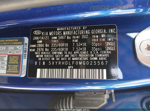 5XYRHDLF0MG025567 2021 KIA SORENTO Blue Вид підкапотного простору