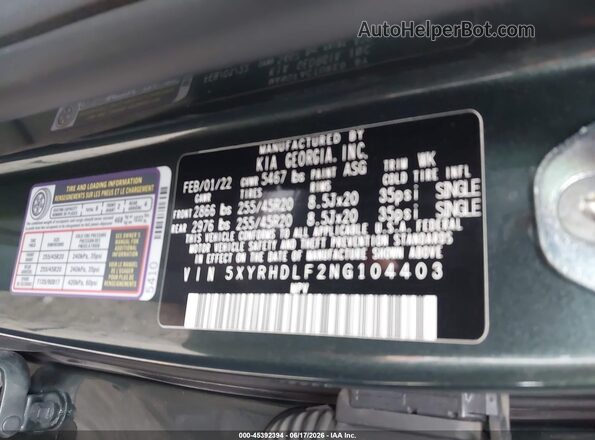 5XYRHDLF2NG104403 2022 KIA SORENTO Зеленый Вид подкапотного пространства