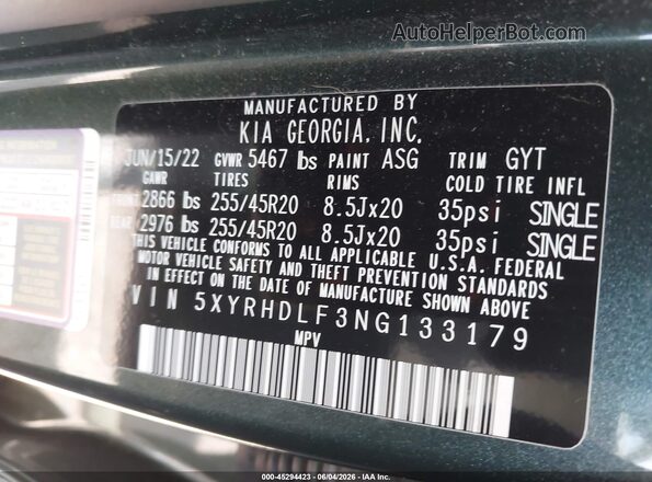 5XYRHDLF3NG133179 2022 KIA SORENTO Green Vista del compartimento del motor