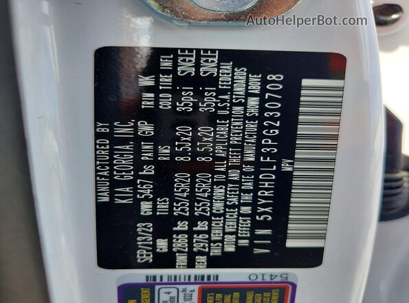 5XYRHDLF3PG230708 2023 KIA SORENTO White VIN sticker view