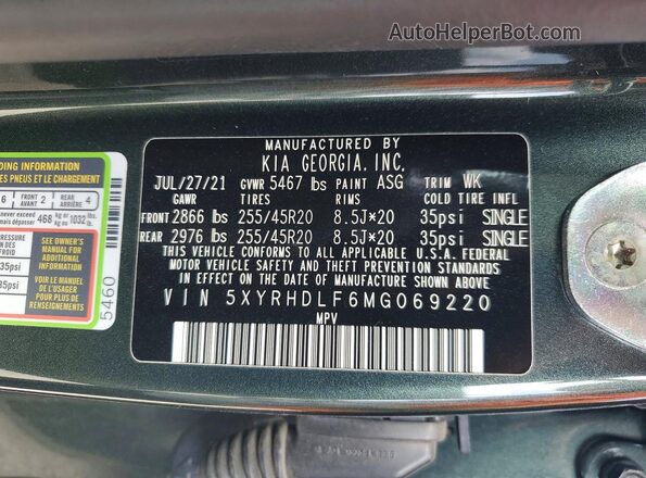 5XYRHDLF6MG069220 2021 KIA SORENTO Charcoal 360 interior view