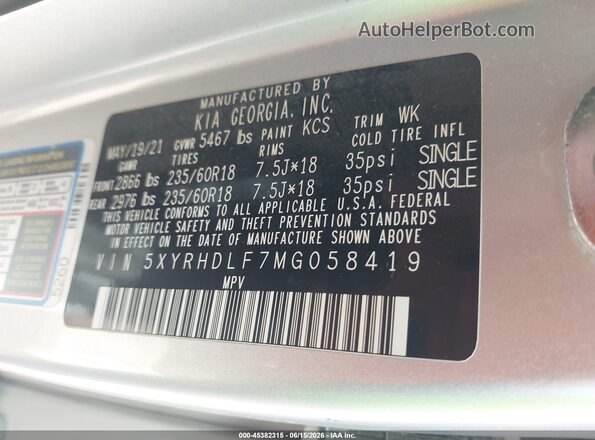 5XYRHDLF7MG058419 2021 KIA SORENTO Silver Вид підкапотного простору