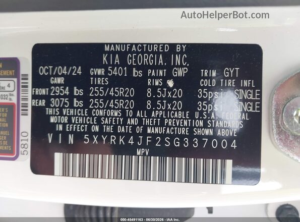 5XYRK4JF2SG337004 2025 KIA SORENTO White Widok komory silnika