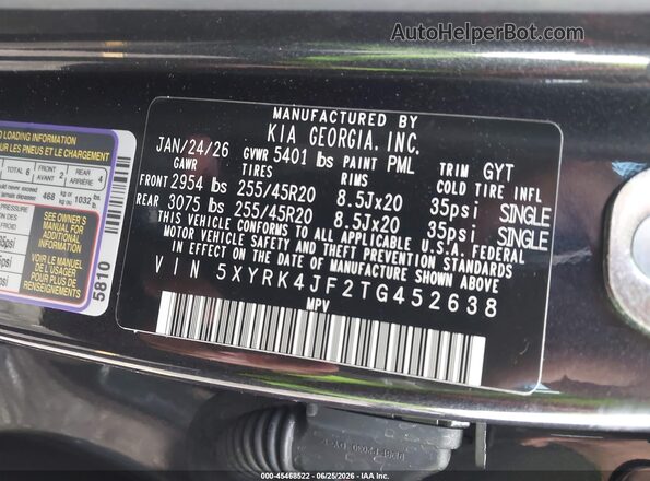 5XYRK4JF2TG452638 2026 KIA SORENTO Gray Вид підкапотного простору