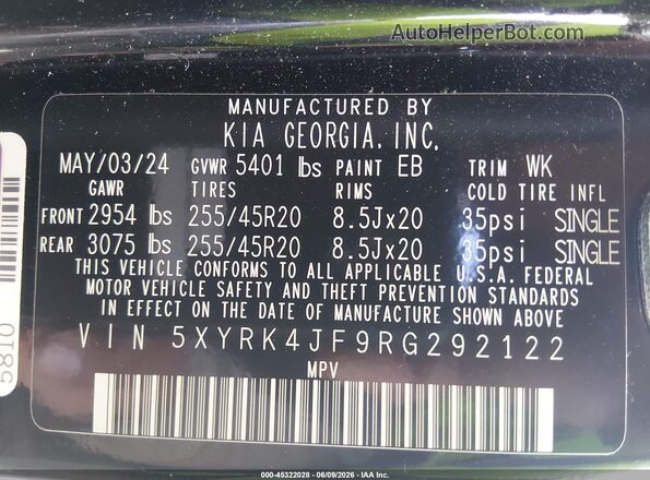 5XYRK4JF9RG292122 2024 KIA SORENTO Черный Вид подкапотного пространства