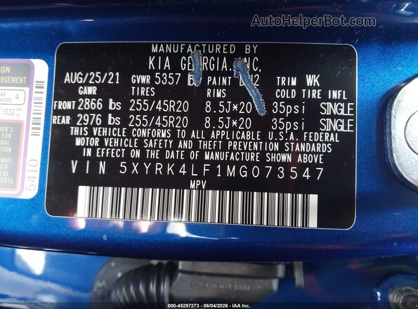 5XYRK4LF1MG073547 2021 KIA SORENTO Blue Widok komory silnika