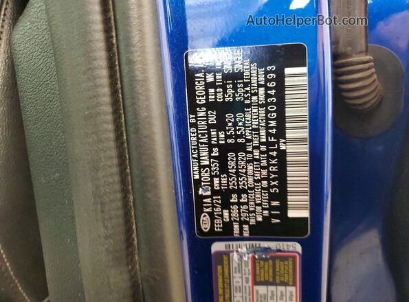 5XYRK4LF4MG034693 2021 KIA SORENTO Blue Вид наклейки з VIN-кодом