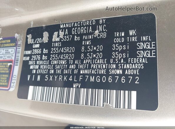 5XYRK4LF7MG067672 2021 KIA SORENTO Tan Շարժիչի բաժամունքի տեսք
