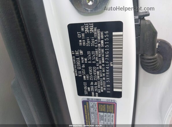 5XYRK4LF7NG151556 2022 KIA SORENTO White ძრავის განყოფილების ხედი