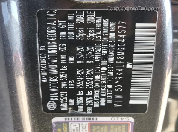 5XYRK4LF8MG044577 2021 KIA SORENTO Charcoal VIN კოდის სტიკერის ხედი