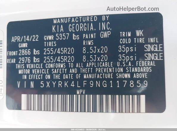 5XYRK4LF9NG117859 2022 KIA SORENTO White Engine compartment view