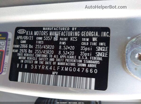 5XYRK4LFXMG047660 2021 KIA SORENTO Silver Engine compartment view