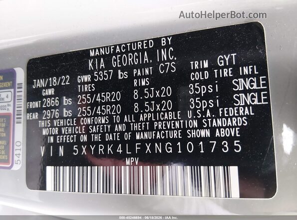 5XYRK4LFXNG101735 2022 KIA SORENTO Серый Вид подкапотного пространства
