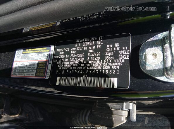 5XYRK4LFXNG119331 2022 KIA SORENTO Black Widok komory silnika