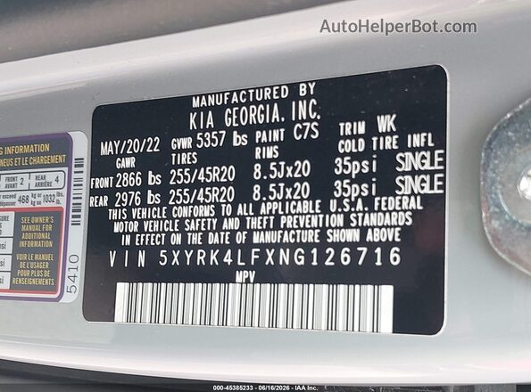 5XYRK4LFXNG126716 2022 KIA SORENTO Gray Вид підкапотного простору