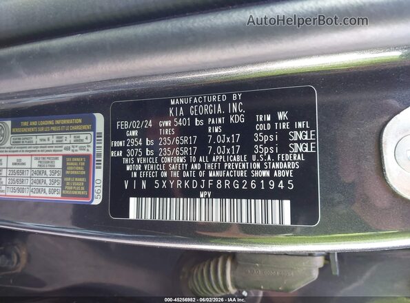 5XYRKDJF8RG261945 2024 KIA SORENTO Серый Вид подкапотного пространства