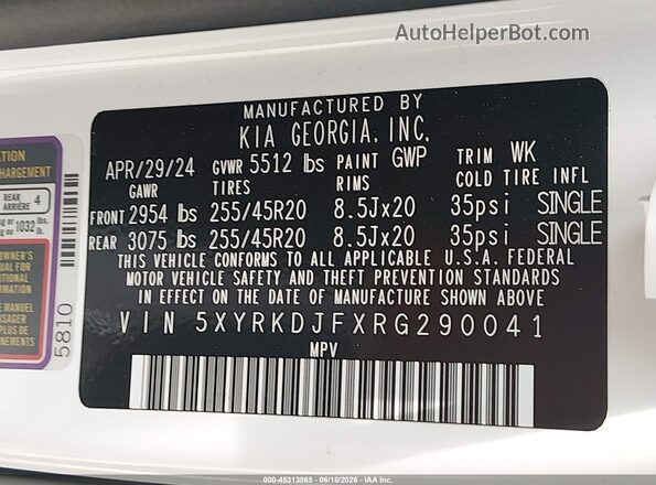 5XYRKDJFXRG290041 2024 KIA SORENTO White Widok komory silnika