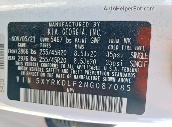 5XYRKDLF2NG087085 2022 KIA SORENTO White Widok naklejki z numerem VIN