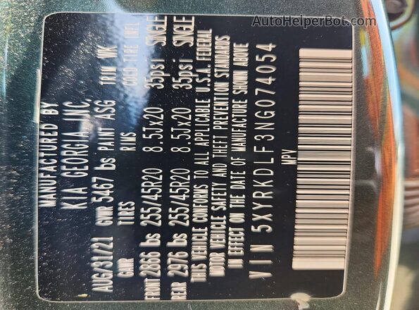 5XYRKDLF3NG074054 2022 KIA SORENTO Green VIN sticker view