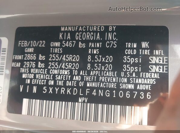 5XYRKDLF4NG106736 2022 KIA SORENTO Light Blue Вид підкапотного простору