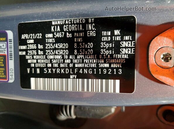 5XYRKDLF4NG119213 2022 KIA SORENTO Blue 