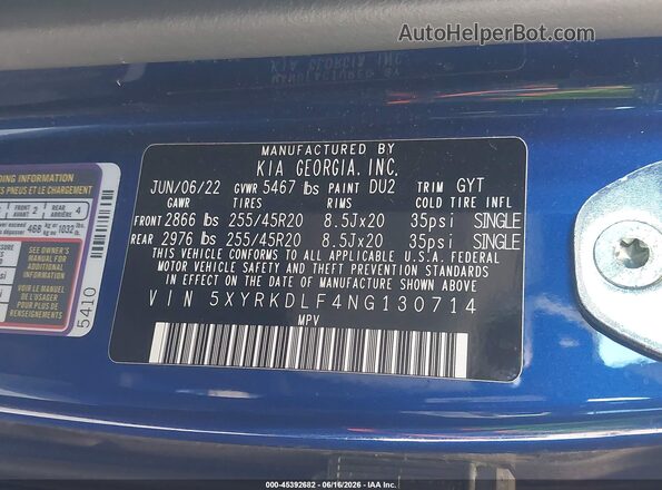 5XYRKDLF4NG130714 2022 KIA SORENTO Blue ძრავის განყოფილების ხედი