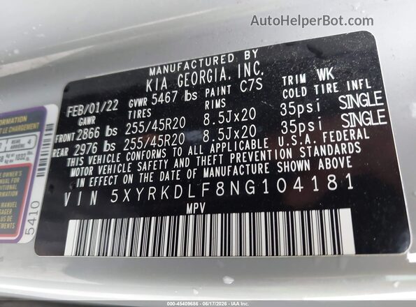 5XYRKDLF8NG104181 2022 KIA SORENTO Gray Vista del compartimento del motor