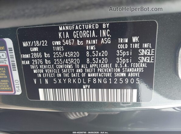 5XYRKDLF8NG125905 2022 KIA SORENTO Black Vista del compartimento del motor
