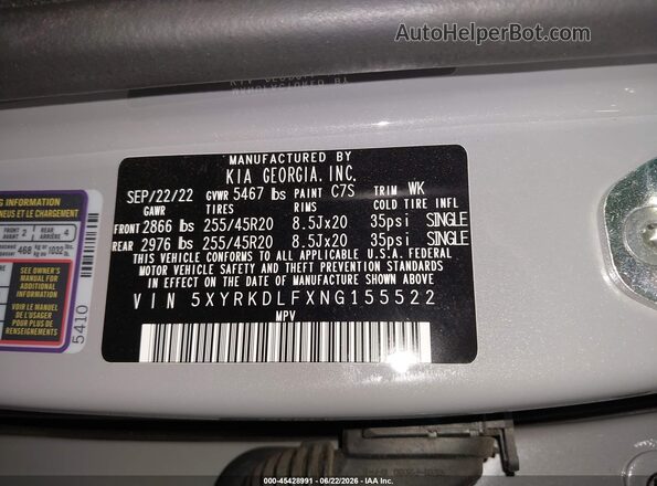 5XYRKDLFXNG155522 2022 KIA SORENTO Gray Vista del compartimento del motor