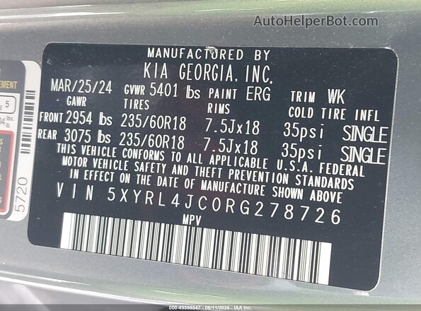 5XYRL4JC0RG278726 2024 KIA SORENTO Blue Engine compartment view