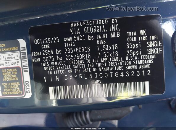 5XYRL4JC0TG432312 2026 KIA SORENTO Dark Blue Widok komory silnika