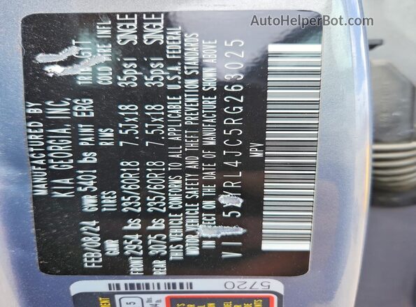 5XYRL4JC5RG263025 2024 KIA SORENTO Gray VIN კოდის სტიკერის ხედი
