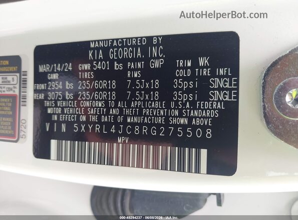 5XYRL4JC8RG275508 2024 KIA SORENTO White Engine compartment view