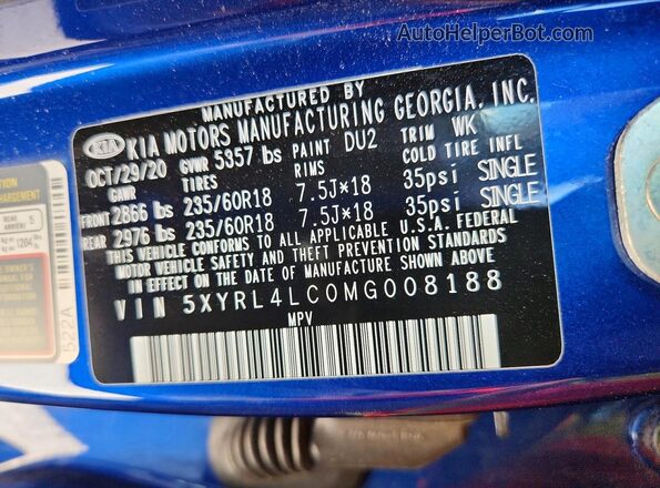 5XYRL4LC0MG008188 2021 KIA SORENTO Blue VIN sticker view