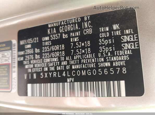 5XYRL4LC0MG056578 2021 KIA SORENTO Beige Engine compartment view