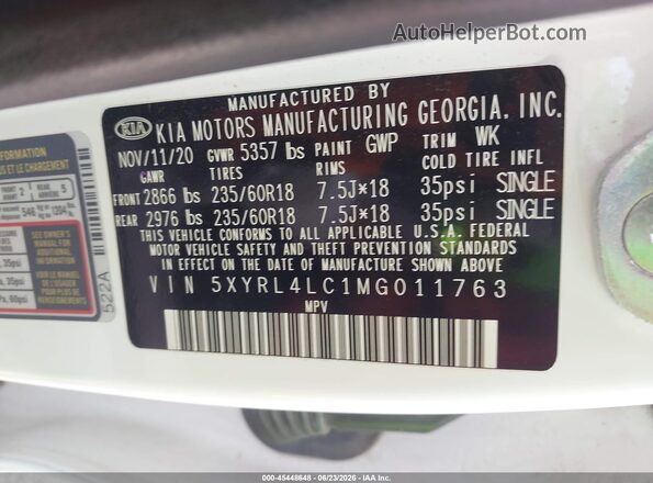 5XYRL4LC1MG011763 2021 KIA SORENTO White Widok komory silnika