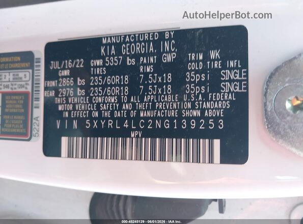 5XYRL4LC2NG139253 2022 KIA SORENTO White ძრავის განყოფილების ხედი