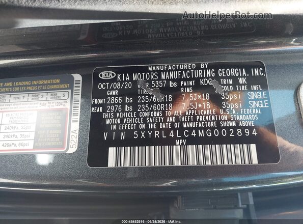 5XYRL4LC4MG002894 2021 KIA SORENTO Gray VIN sticker view