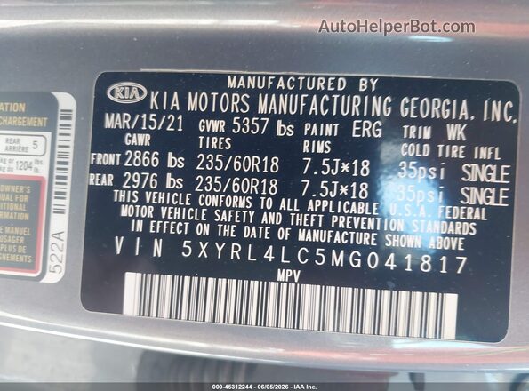 5XYRL4LC5MG041817 2021 KIA SORENTO Синий Вид подкапотного пространства
