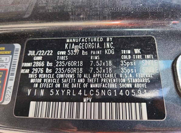 5XYRL4LC5NG140591 2022 KIA SORENTO Black Vista de la etiqueta del VIN