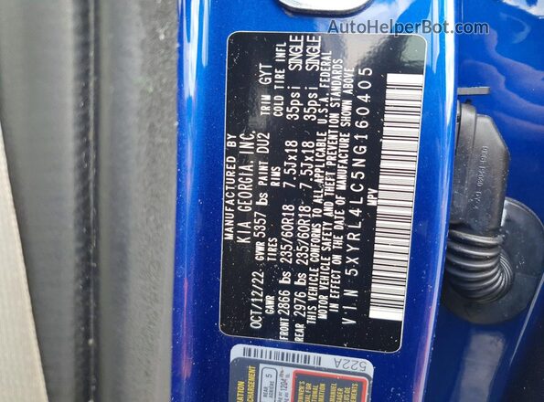 5XYRL4LC5NG160405 2022 KIA SORENTO Blue VIN კოდის სტიკერის ხედი