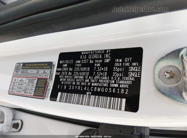 5XYRL4LC8MG056182 2021 KIA SORENTO White Engine compartment view