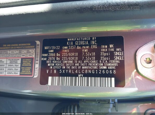 5XYRL4LC8NG126068 2022 KIA SORENTO Gray Շարժիչի բաժամունքի տեսք