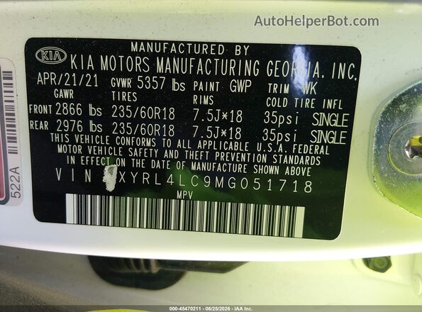 5XYRL4LC9MG051718 2021 KIA SORENTO White Vista del compartimento del motor