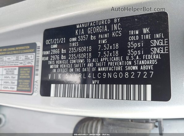 5XYRL4LC9NG082727 2022 KIA SORENTO Silver Вид підкапотного простору