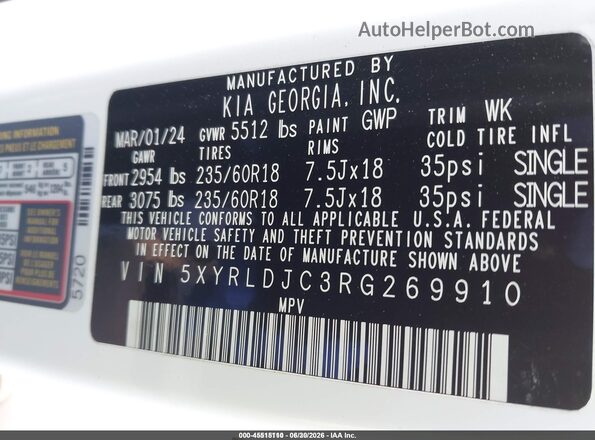 5XYRLDJC3RG269910 2024 KIA SORENTO White Շարժիչի բաժամունքի տեսք