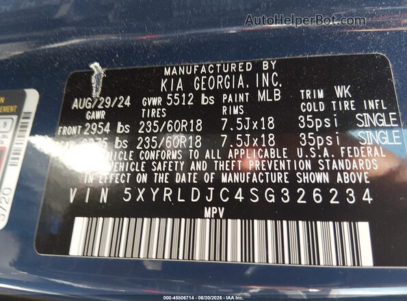 5XYRLDJC4SG326234 2025 KIA SORENTO Blue Vista del compartimento del motor