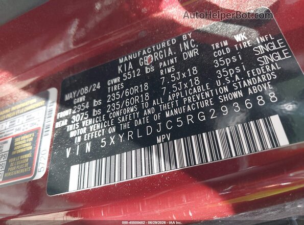5XYRLDJC5RG293688 2024 KIA SORENTO Burgundy Vista del compartimento del motor