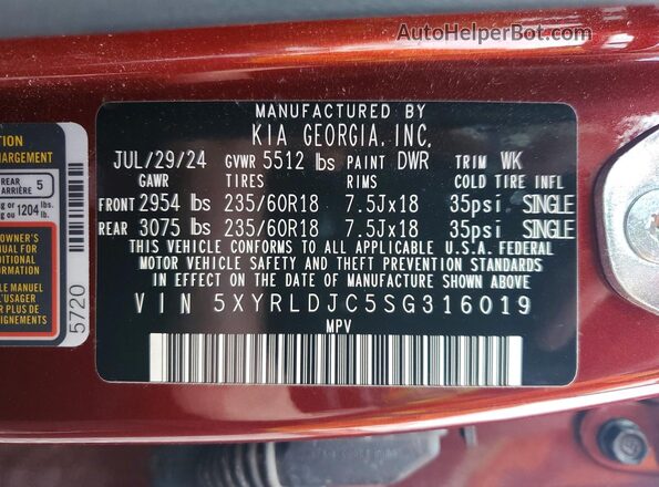 5XYRLDJC5SG316019 2025 KIA SORENTO Burgundy VIN sticker view
